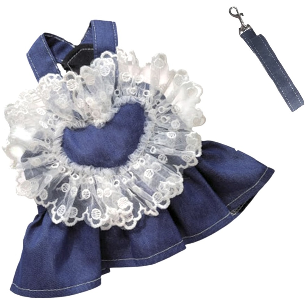 Dog Dress Harness with Leash Set, Lace Love Denim Pet Dresses, Puppy (Dark Blue)